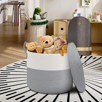 18" X 14" Large Wicker Basket with Lid, Blanket Basket Living Room, Woven Cotton Rope Storage Bin, Kids Dog Toy Storage Bin Box, Tall Laundry Hamper, Blankets Pillows Organizer Holder