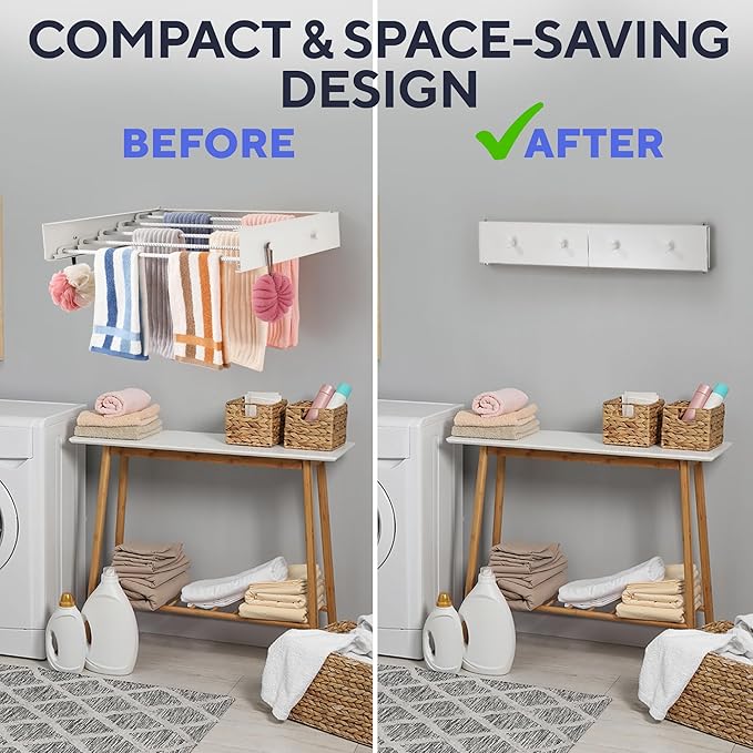 Delfori Foldable Wall Mounted Drying Rack 28 inch - Easy to Install Hanging Rack for Laundry Room - Space Saving Design with 55-lb Capacity - Perfect Drying Racks for Clothes Towels & More