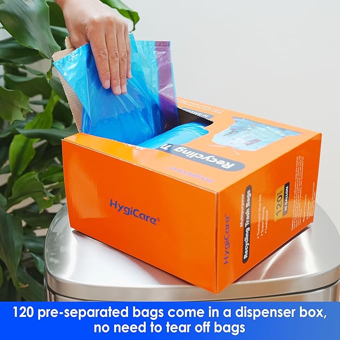 HygiCare 30 Gallon Recycling Trash Bags, Unscented 120 Count Drawstring Garbage Bags, Pre-Separated, Ultra Strong, Leakproof, Sturdy, Translucent Blue