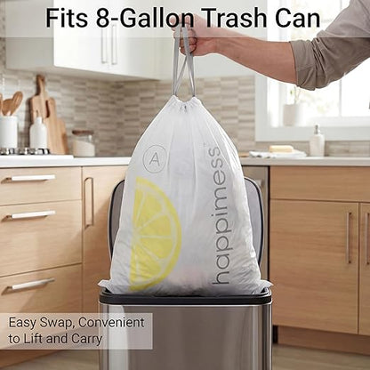 happimess 8 Gallon (30L) Drawstring Trash Bags, Lemon Scent, White, Heavy Duty MDPE Liners for Kitchen and Household, Odor Control, Custom Fit 120 Count (6 Packs of 20 Liners) HPM3100A-W-6SET