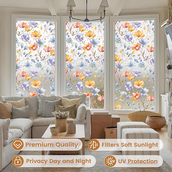 DKTIE Retro Floral Pattern Stained Glass Window Film Two-Way Privacy Day and Night Decorative Window Film Static Cling UV2 Print Technology (S647, 17.7in X 78.7in)