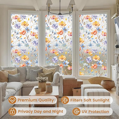 DKTIE Retro Floral Pattern Stained Glass Window Film Two-Way Privacy Day and Night Decorative Window Film Static Cling UV2 Print Technology (S647, 17.7in X 78.7in)
