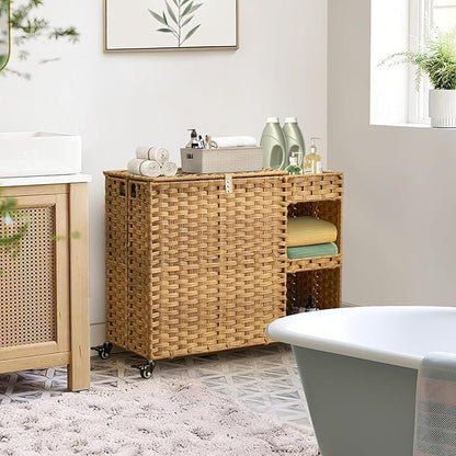 Laundry Hamper with Wheels, 42.3 Gal.(160 L) Laundry Sorter with Shelves, Rattan Clothes Hamper with 4 Removable Liners & 3 Mesh Bags, Handwoven Organizer for bedroom, bathroom, laundry room, Natural