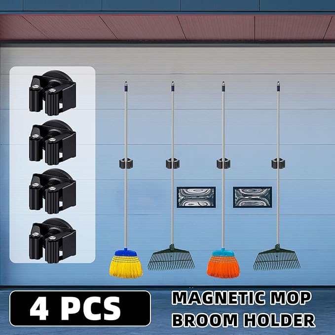 Vercraft 4 Pcs Magnetic Mop Broom Holder Movable Magnetic Broom Holder Rack, Anti Slip Wall Mounted Utility for Cleaning Tools, Garage, Kitchen, Laundry, Garden (Black)
