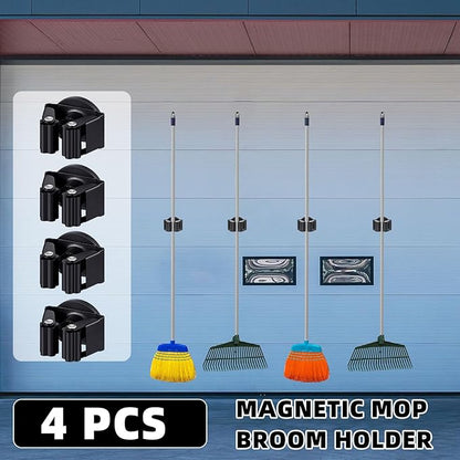 Vercraft 4 Pcs Magnetic Mop Broom Holder Movable Magnetic Broom Holder Rack, Anti Slip Wall Mounted Utility for Cleaning Tools, Garage, Kitchen, Laundry, Garden (Black)