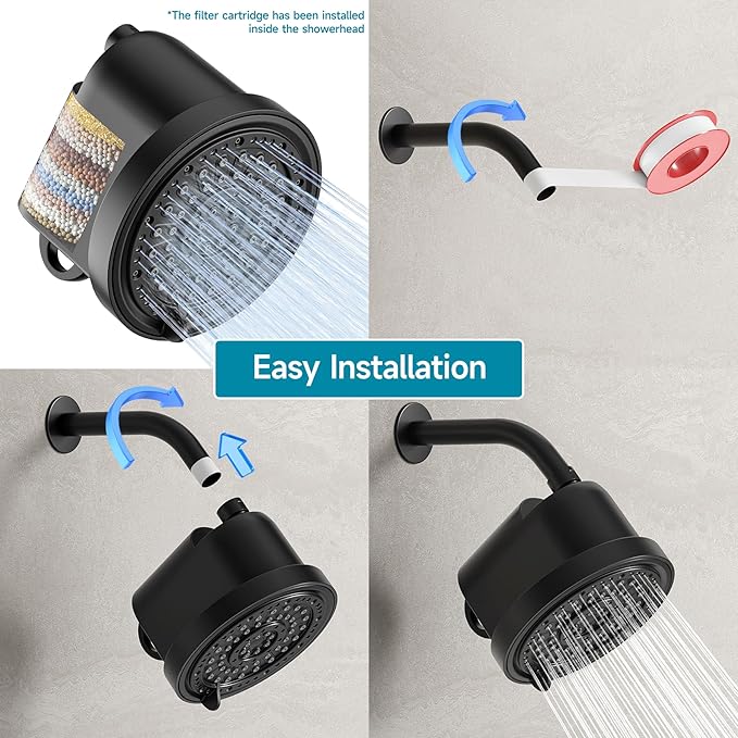 Filtered Shower Head with 30 Stage Water Softener Filter, 6 Inch High Pressure Showerhead for Hard Water, 5 Spray Modes to Remove Chlorine & Heavy Metals, Easy Install Fixed Shower Head