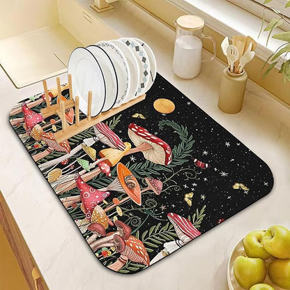 Dish Drying Mat for Kitchen Counter 16x18 Inch, Super Absorbent Dish Drainer Mat, Decorative Microfiber Dishes Drying Pad-Small(Mushroom)
