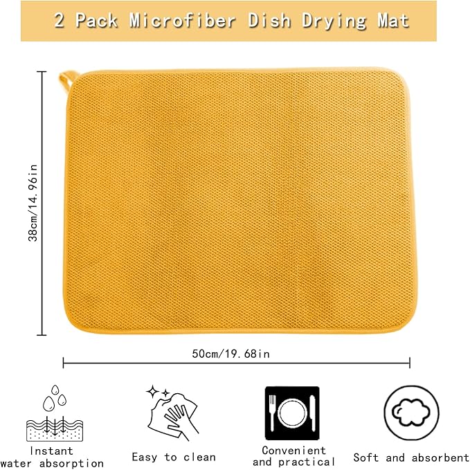 2 Pack Microfiber Dishes Drying Mats with Hanging Loop, Absorbent Dishes Drainer Pads for Kitchen Counter, Medium Size Dish Drying Mats for Countertops, Sinks, Drainer Racks, Yellow, 15'' x 20''