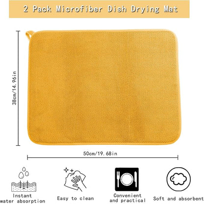 2 Pack Microfiber Dishes Drying Mats with Hanging Loop, Absorbent Dishes Drainer Pads for Kitchen Counter, Medium Size Dish Drying Mats for Countertops, Sinks, Drainer Racks, Yellow, 15'' x 20''