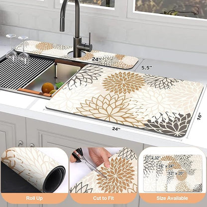 Findosom 2PCS 16" x 24" Dish Drying Mat & 24" x 5.5" Sink Splash Guard, Super Absorbent & Cuttable Dish Mat Drying Kitchen Mat with Brown Floral, Hide Stain Drying Mat for Kitchen Counter
