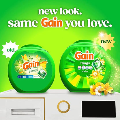 Gain Flings Liquid Washing Detergent Pacs, Now with Odor Defense + Color Guard, Original Scent, 4-In-1 Liquid Laundry Detergent Pods, Clean & Fresh, 60 Count (Packaging May Vary)