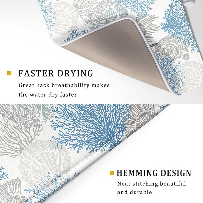 Coastal Blue Gray Dish Drying Pad 18 x 24 Inch With Absorbent Reversible Microfiber Starfish Seashell Coral Nautical Summer Drying Mats Dish Drainer Mat Fast Dry For Kitchen Dining Room Decoration
