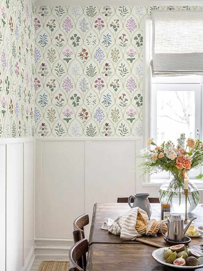 Dimoon 197"x17.3" Peel and Stick Wallpaper Floral Vintage Contact Paper Modern Removable Wallpaper Boho Beige Pink Self Adhesive Wall Paper for Cabinets Drawers Bathroom Bedroom Thicken Vinyl Roll