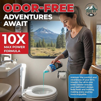 Holding Tank Treatment 32 oz – 10X Max Power RV Black Tank Cleaner, All-In-One Waste Digester & Odor Removal, Septic & Sensor Safe, California Compliant RV Black Tank Treatment for Campers