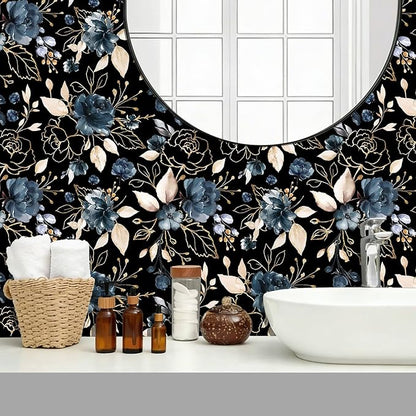 Black and Gold Floral Peel and Stick Wallpaper Self Adhesive Removable Thick Modern Dark Botanical Watercolor Navy Blue Flower Accent Wall for Bedroom Bathroom Renter Friendly 17.7" x 393.3"