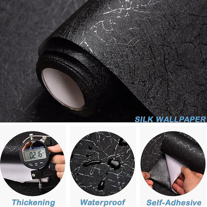 Cohoo Home 512inL 15.7inW Black Silk Peel and Stick Wallpaper for Bedroom Solid Black Textured Contact Paper for Cabinet and Drawers Self Adhesive Removable Wallpaper for Bathroom Embossed Waterproof