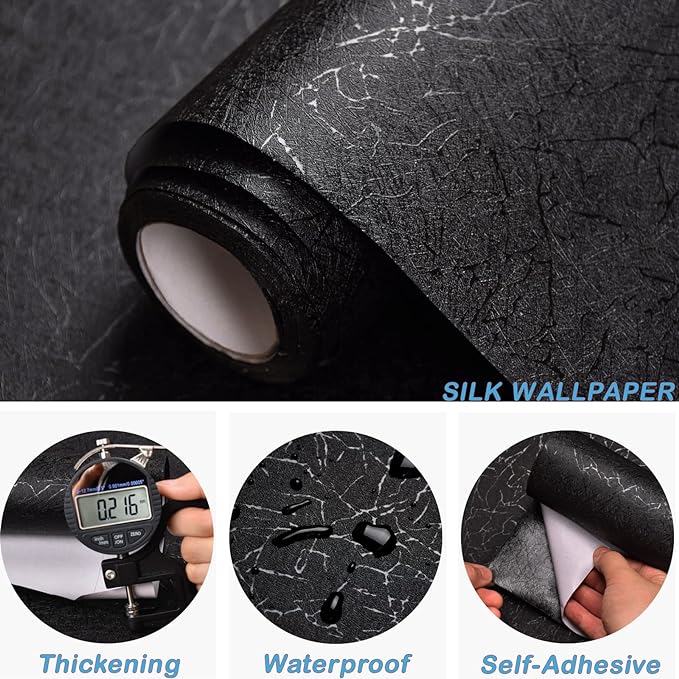 Cohoo Home Black Silk Peel and Stick Wallpaper for Bedroom Solid Black Textured Contact Paper for Cabinets and Drawers Self Adhesive Removable Wallpaper for Bathroom Embossed Waterproof 15.7inW 197inL