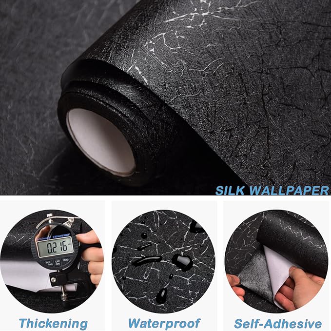 Cohoo Home Black Silk Peel and Stick Wallpaper for Bedroom Solid Black Textured Contact Paper for Cabinets and Drawers Self Adhesive Removable Wallpaper for Bathroom Embossed Waterproof 15.7inW 118inL