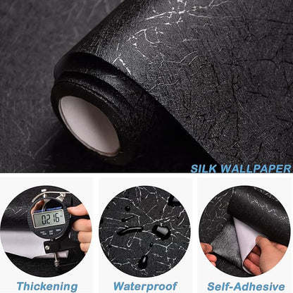 Cohoo Home Black Silk Peel and Stick Wallpaper for Bedroom Solid Black Textured Contact Paper for Cabinets and Drawers Self Adhesive Removable Wallpaper for Bathroom Embossed Waterproof 15.7inW 118inL