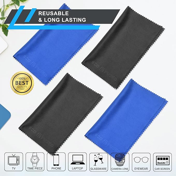 Eco-Fused Large Microfiber Cleaning Cloths - 4 Pack - 18 x 18 inch - Perfect for Wide Screen TVs, Large Computer Monitors- Also for Cleaning Glasses, Camera Lenses, Laptops and LCD Screens- Blue/Black