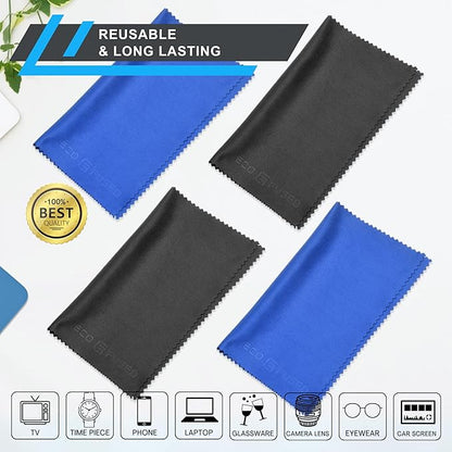 Eco-Fused Large Microfiber Cleaning Cloths - 4 Pack - 18 x 18 inch - Perfect for Wide Screen TVs, Large Computer Monitors- Also for Cleaning Glasses, Camera Lenses, Laptops and LCD Screens- Blue/Black