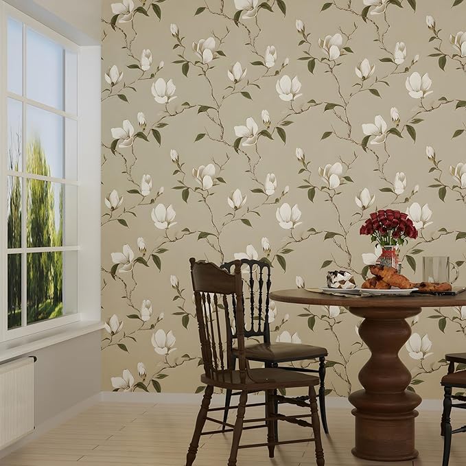Laatse Floral Wallpaper Peel and Stick Vintage Flowers Contact Paper Waterproof Self Adhesive Removable Khaki Botanical Modern Wall Paper for Bedroom Walls Cabinet Locker 17.5" X 393"