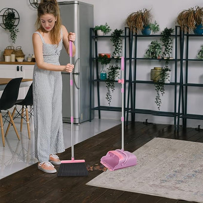 kelamayi Broom and Dustpan Set for Home, Office, Indoor&Outdoor Sweeping, Stand Up Broom and Dustpan (Pink)