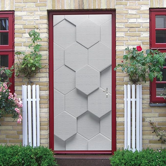 A.Monamour 3D Door Stickers for Interior Doors White Hexagon Geometric Pattern Vinyl Waterproof Self Adhesive Door Mural Decals for Bedroom Office Bathroom 90x200cm
