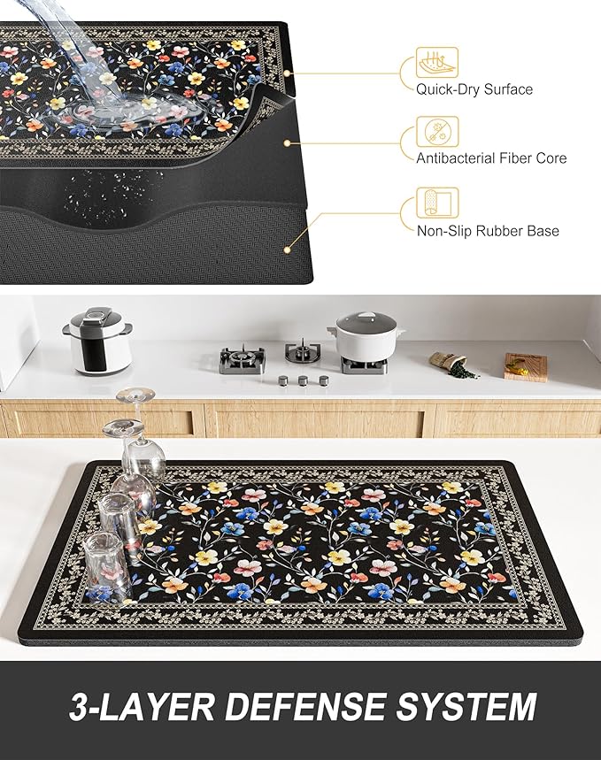Rnivvi Dish Drying Mat for Kitchen Counter, XL 15 x 24" Cute Flower Theme Super Absorbent Drainer Pad, Non-Slip Heat Resistant Coffee Bar Mat for Coffee Machine Station Accessories,Retro Dish Rack Pad