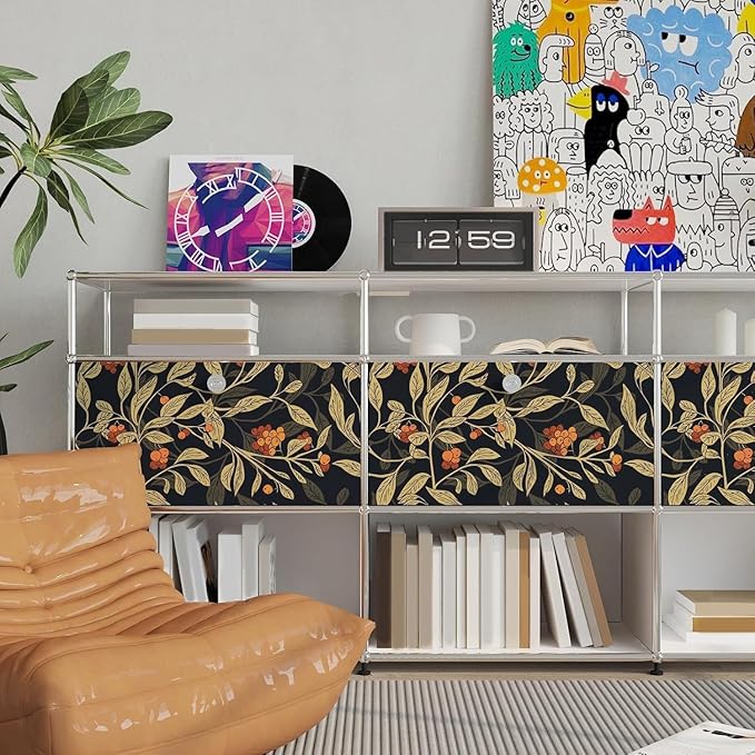 Extra Long Dark Floral Peel and Stick Wallpaper - 17.5In x 32.8Ft Vintage Botanical Self-Adhesive Vinyl Contact Paper for Cubicles Drawers Cabinets Leaf Fruit Pattern Black Yellow Gold Orange