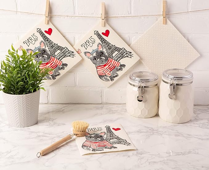 DII Swedish Dishcloths for Kitchen & Cleaning, Reusable, Machine Washable & Dishwasher Safe, Biodegradable, 7.75 x 6.75, Dog in Paris, 3 Piece