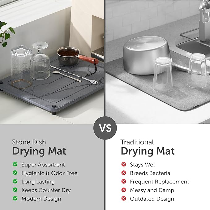 Stone Drying Mat for Kitchen Counter + Sink Caddy | 15.7"x11.8" Diatomaceous Earth Drying Mat with Stainless Steel Feet | Heat Resistant to 450°F | Eco-Friendly & Multipurpose Drying Mat- Dark Grey