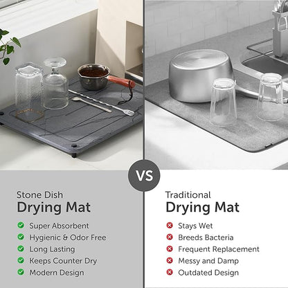 Stone Drying Mat for Kitchen Counter + Sink Caddy | 15.7"x11.8" Diatomaceous Earth Drying Mat with Stainless Steel Feet | Heat Resistant to 450°F | Eco-Friendly & Multipurpose Drying Mat- Dark Grey