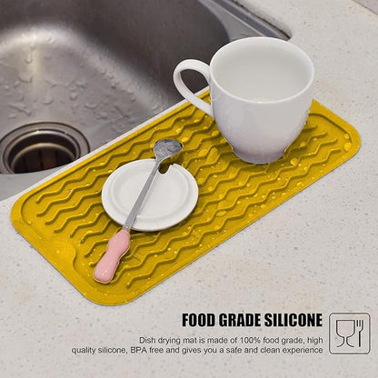 Silicone Dish Drying Mat for Multiple Usage, Easy clean, Eco-friendly, Heat-resistant Dish Drainer Mat for Kitchen Counter,Sink,Refrigerator or Drawer liner (12" x 6", Yellow)