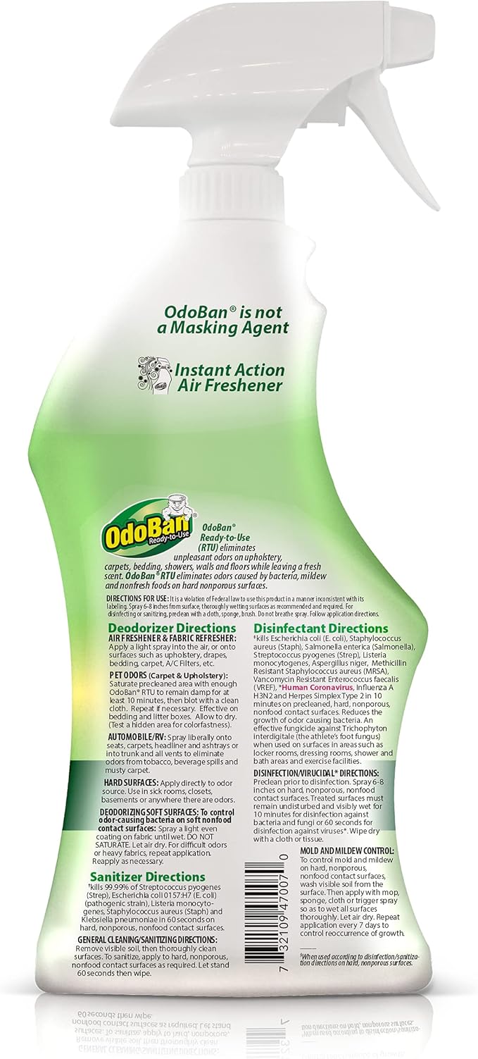 OdoBan Ready-to-Use Disinfectant and Odor Eliminator, Set of 4 Spray Bottles, 32 Ounces Each, Original Eucalyptus Scent