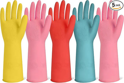 Rubber Cleaning Gloves for Dishwashing-5 Pairs Colorful Reusable Household Cleaning Glove for Washing Dishes and Kitchen Cleaning Non-Slip Grip Dish Gloves for Women Men (Medium)