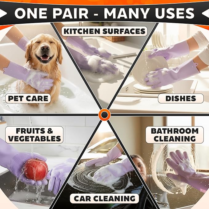 ALPENKOK Silicone Dishwashing Gloves with Scrubber – Non-Slip Silicone Gloves wor Washing Dishes | Household Use