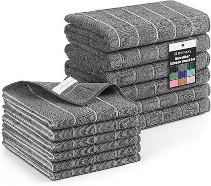 Homaxy Microfiber Kitchen Towels and Dishcloths Set, 12 Pack Soft and Absorbent Dish Hand Towels Bulk, 28 x 16 Inch & 12 x 12 Inch Quick Drying Rags for Washing Dishes, Grey