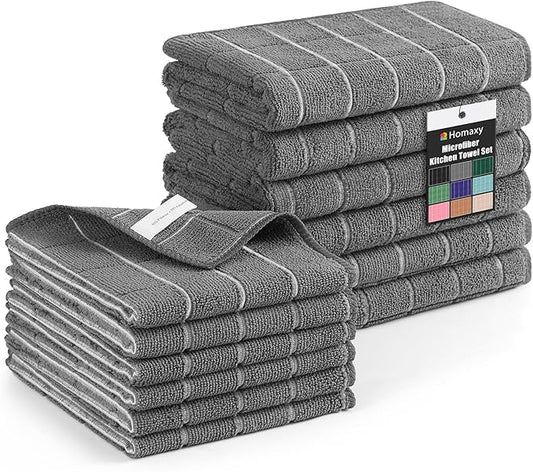 Homaxy Microfiber Kitchen Towels and Dishcloths Set, 12 Pack Soft and Absorbent Dish Hand Towels Bulk, 28 x 16 Inch & 12 x 12 Inch Quick Drying Rags for Washing Dishes, Grey