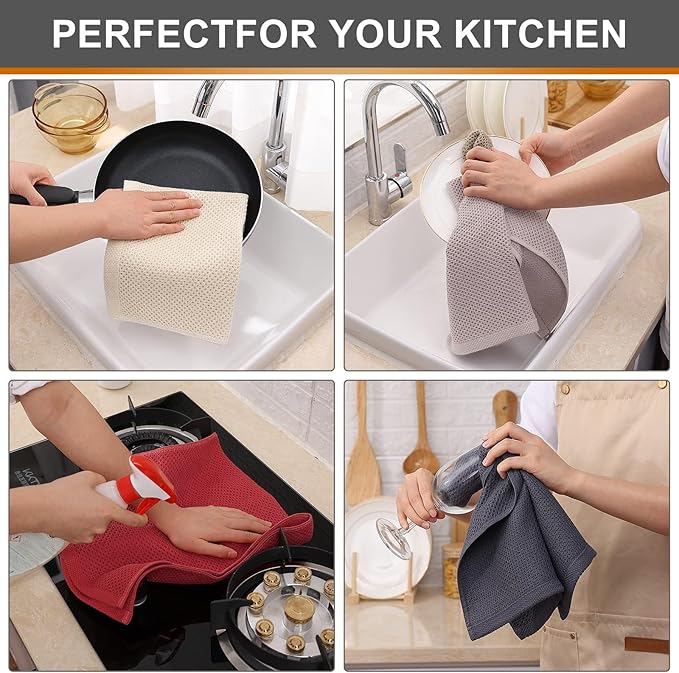 Kitinjoy 100% Cotton Waffle Weave Kitchen Hand Towels (13 X 28 Inches, Multicolor), 8-Pack Super Soft and Absorbent Dish Towel for Drying Dishes