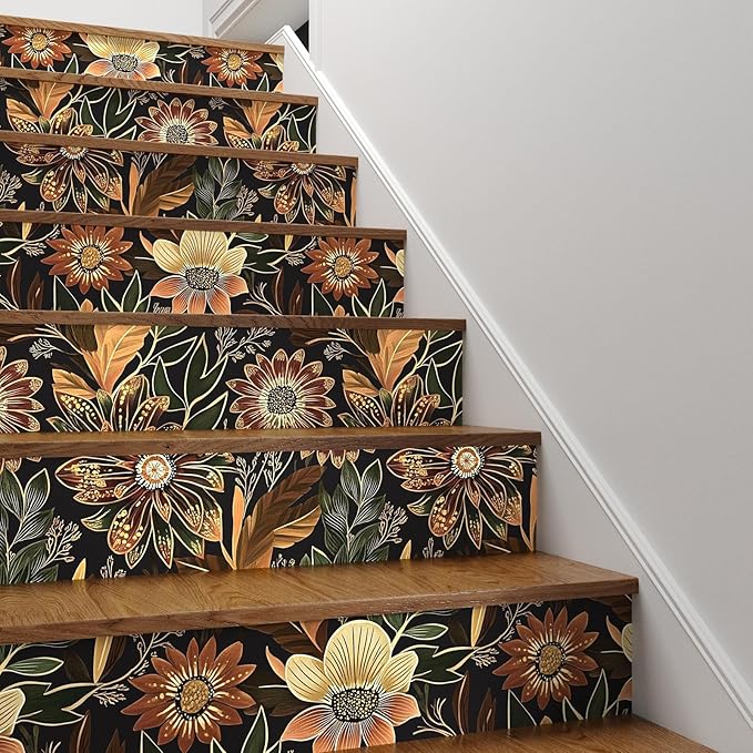 Laatse Boho Wallpaper Peel and Stick Dark Floral Wallpaper for Cabinet Vintage Contact Paper Waterproof Self Adhesive Removable Modern Wall Paper for Bedroom Stair Bathroom 17.5in x393in