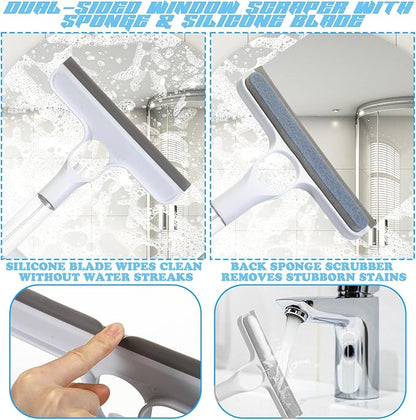 Lothee 2pcs 3 in 1 Window Squeegee, 23'' Long Handle Window Cleaning Scraper, Squeegee and Scrubber with Spray for Walls, Car Windshields, Bathrooms, Kitchens (Blue,White)