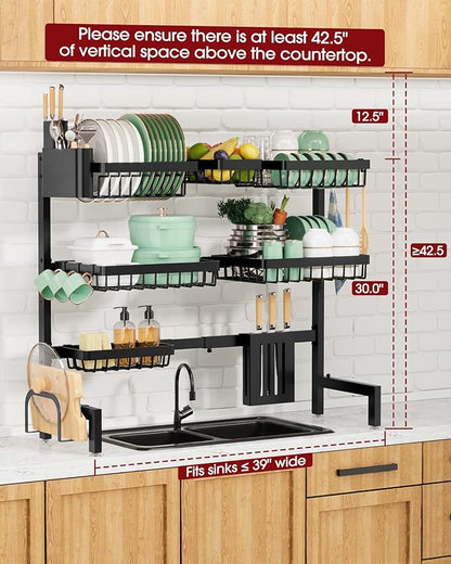 Sakugi Dish Drying Rack - Over The Sink Dish Drainer Drying Rack with Utensil & Knife Holder, Hooks, Stainless Steel Kitchen Organizers and Storage Solution, 11.8" D x 31.5"~39.0''W x 30" H, Black