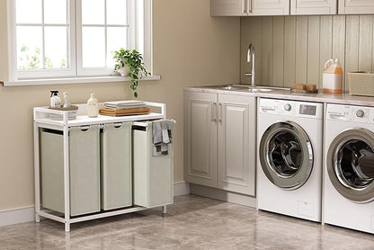 Laundry Hamper with Shelf, Laundry Basket 3 Section, Laundry Sorter with Pull-Out Removable Large Bags and Movable Wheels, Metal Frame, 3 x 15.87 Gallons (60L), White PF04XLW