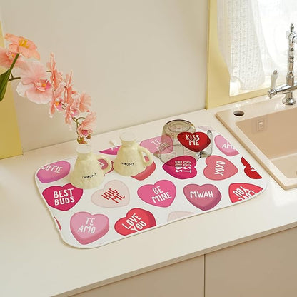 Valentine's Dish Drying Mat 18x24 Inches For Kitchen Counter Absorbent Love Heart Pink Kitchen Decoration Mother's Day Anniversary Wedding Drying Mat Pad For Home Kitchen,Office,Dining Room