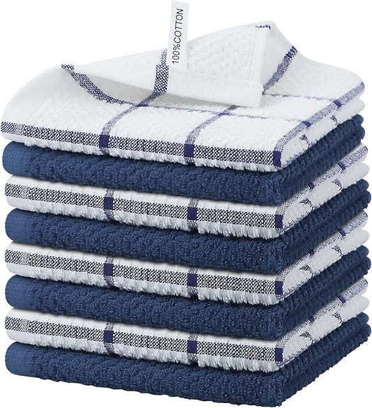 Nialnant 8 Pack Dish Rags,100% Cotton Dish Towels for Kitchen,Super Absorbent Kitchen Dish Cloths,Dish Rags with Hanging Loop,12x12 Inches,Navy Blue