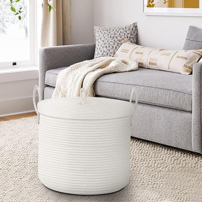 18" X 18" X 14" Extra Large White Basket with Lid, Woven Cotton Rope Basket for Blankets for Living Room, Kids Toy Storage Bin, Wicker Bathroom Towel Storage, All White Bins for Organizing