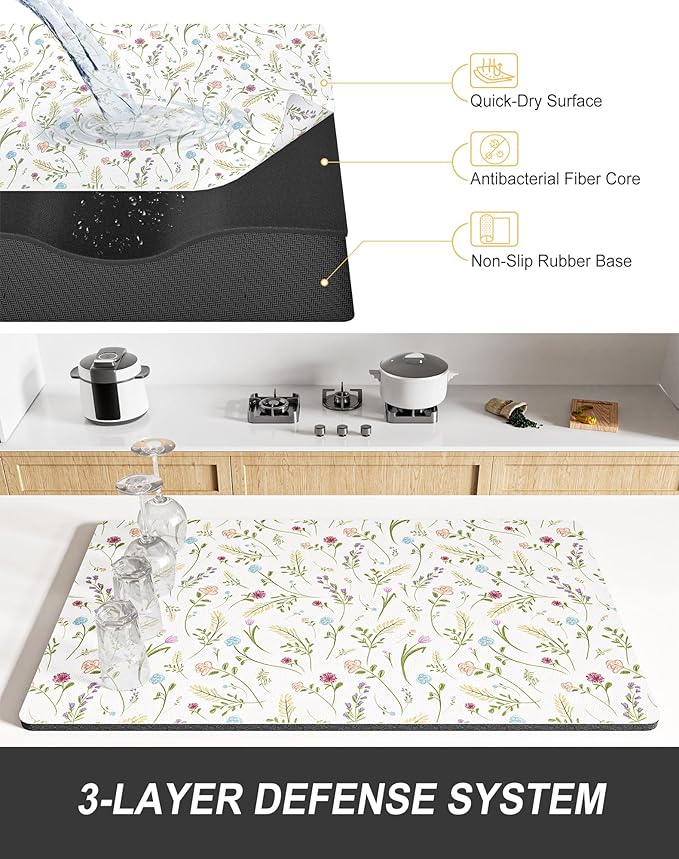 Rnivvi Dish Drying Mat for Kitchen Counter, 12 x 19" Cute Flower Theme Super Absorbent Draining Pad, Non-Slip Heat Resistant Coffee Bar Mat for Coffee Machine Station Accessories, White Dish Rack Pad