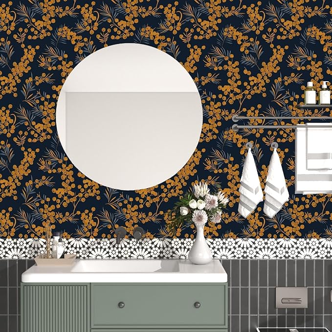 Laatse Boho Wallpaper Peel and Stick Leaf Wallpaper for Kitchen Vintage Contact Paper 17.5" x 118" Waterproof Vinyl Self Adhesive Dark Floral Wall Paper for Bedroom Walls Cabinet Locker Decor