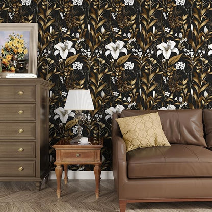 Laatse White Floral Wallpaper Peel and Stick, Black Gold Vintage Contact Paper, Dark Golden Botanical Wall Paper Self Adhesive Removable Waterproof for Bedroom Cabinet Drawer Table Decor 17.5" x 118"